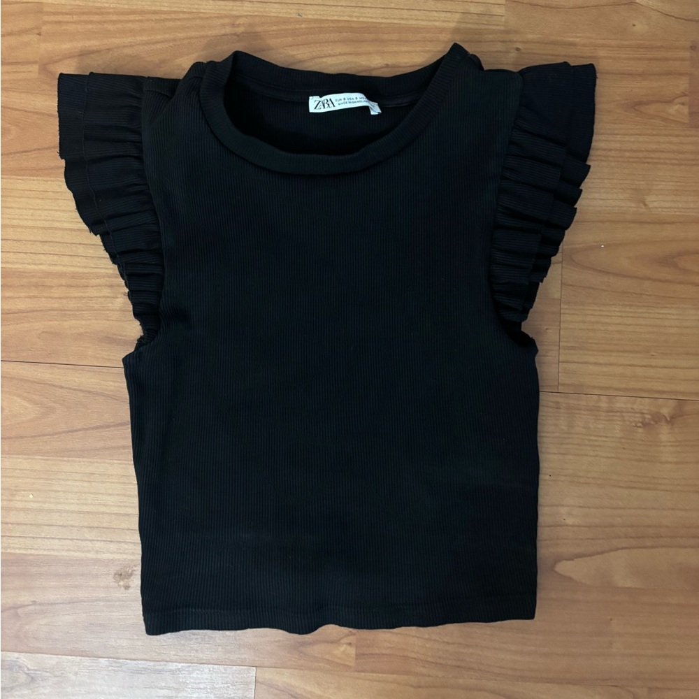 Zara Black Short Sleeve Top with Ruffle Detail